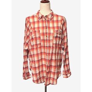BDG Women's S Oversized Gauzy Cotton Plaid Button Shirt Pink Outdoors Cowgirl